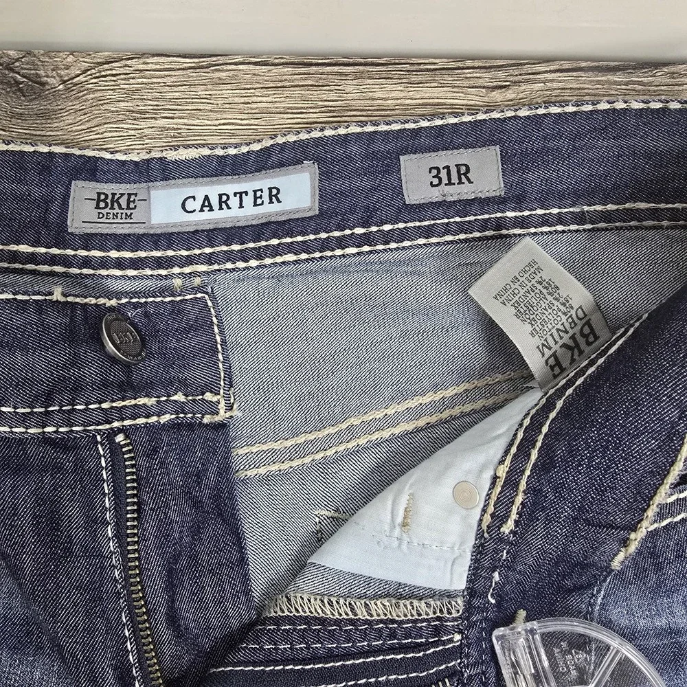 BKE Buckle Carter Straight Jeans Size 31 R   Mens Blue Denim Cotton Thick Stitch